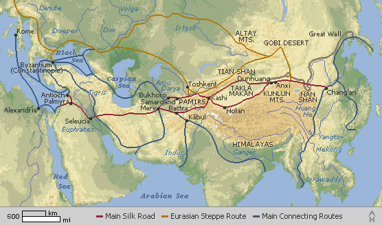 Mapa de la ruta de la seda amb les ramificacions més importants